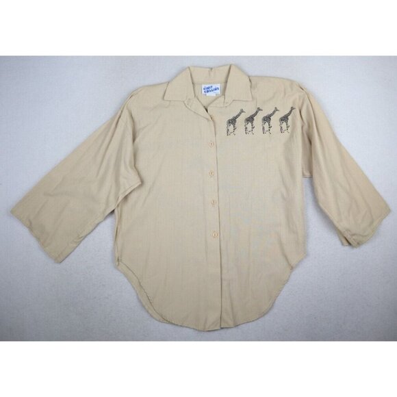 VINTAGE WOMEN'S BEIGE GIRAFFE PRINT 3/4 SLEEVE BUTTON-UP TOP - CINDY COLLINS - S - Picture 1 of 12